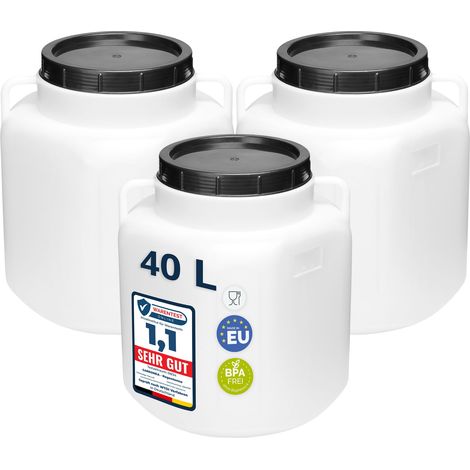 Garronda Lot de 3 fûts alimentaires carrés 40 L en HDPE sans BPA, à large ouverture avec couvercle, pour eau, aliments, choucroute et fermentation, blanc GD-0134