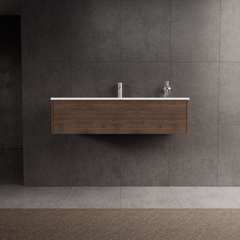 Inda - Badezimmerschrank 1 Schublade L.120 mit glänzendem Waschbecken / Braune Eiche - Diamante
