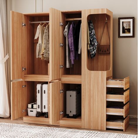 Armadio 140x40x170 cm con 4 cassetti sul lato destro e vani portaoggetti, scomparti aperti, in legno, naturale (1/5)