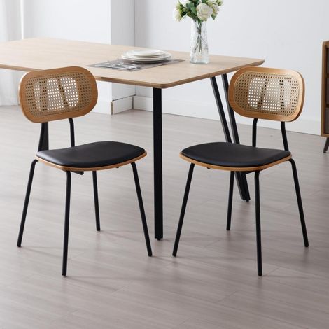 Esszimmerstühle 2er Set, gepolstert, PU-Leder, Rattan-Rückenlehne, schwarz (1/5)