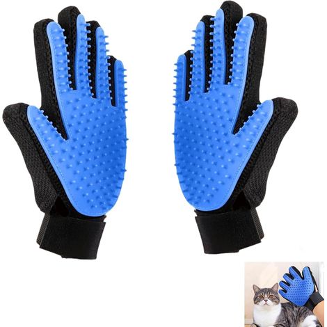 2 x Pet Grooming Gloves, Cat Dog Brush Glove for Removing Dead Hair from Dogs, Cats, Horses and Other Long Hair, Short or Curly Animals, Blue (1/5)