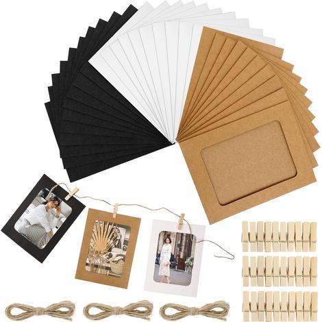 Lot de 30 cadres photo en papier 4x6, présentoir photo suspendu en carton à monter soi-même, cadres photo en papier blanc/noir/marron avec pinces et ficelles (1/5)