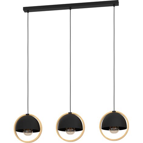 EGLO Hängelampe Callow, Esstisch Pendelleuchte 3-flammig, Esszimmerlampe aus Metall in Schwarz und Holz in Natur, FSCM70HB, Hängeleuchte mit E27 Fassung