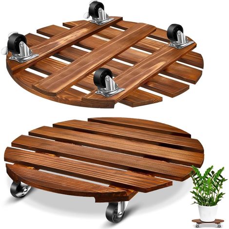 2 Pièces Support à Plantes en Bois roulettes avec roulettes, 30CM Plateaux à Plantes Rond Porte Mobile Chariot à Plantes avec roulettes Métalliques Verrouillables pour Pot de Fleurs (1/5)