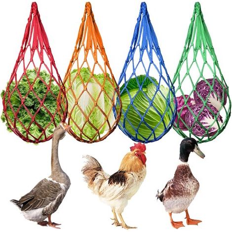 Lot de 4 filets d'alimentation de 60 cm de large pour volailles, en nylon coloré, pour nourrir et jouer les poules, canards, oies et autres oiseaux. (1/5)
