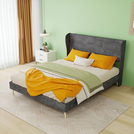 Cama 140x200 cm gris con cabecero acolchado, tela y metal, sin colchón MEUBLIV (1/5)