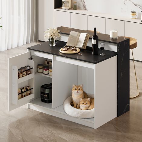 Îlot de cuisine avec bar et espace pour animaux, blanc noir marbre, 120 x 80 x 100 cm (1/3)