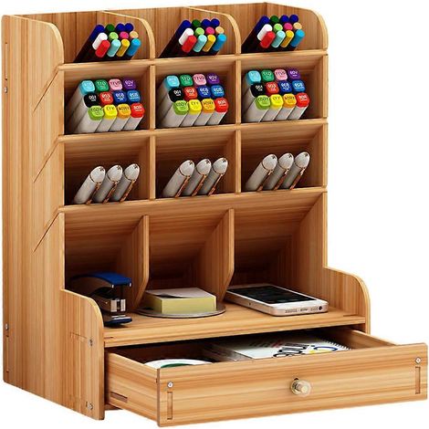 Boîte de rangement porte-stylos en bois, grande capacité, créative et élégante, compartimentée, pour bureau (cerisier) (1/5)