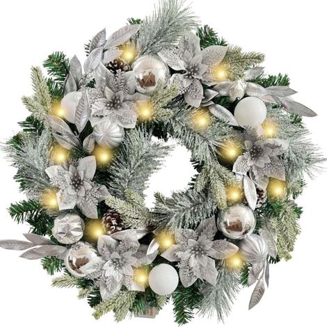 45 cm großer, beleuchteter Weihnachtskranz zur Dekoration der Haustür mit silbernen und weißen Kugeln und Weihnachtssternen