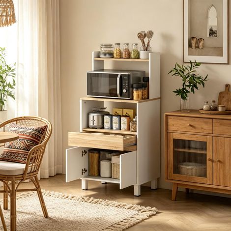 Estantería independiente, mueble para microondas, elegante estantería para salón, aparador con compartimentos en la puerta y estantes abiertos (solo el mueble para microondas). (1/5)