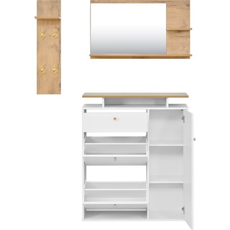 Set de recibidor 3 piezas con espejo, perchero y zapatero LED blanco y madera 105 x 25 x 151.5 cm (1/5)