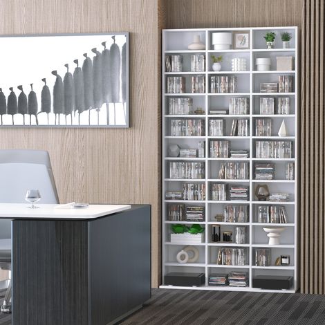 Étagère de rangement pour CD en bois blanc 195x102x23.5 cm, 3 colonnes de 12 étagères ajustables en hauteur, meuble à disques (1/5)