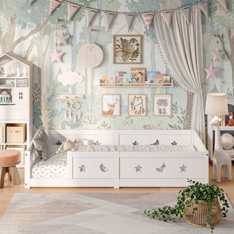 Superaly - Lit simple enfant 90x200cm - Protection antichute - Cadre en pin massif - sommier à lattes - Lit au sol Montessori - Motif lune et étoiles - Écologique - Blanc - Matelas non inclus (1/5)
