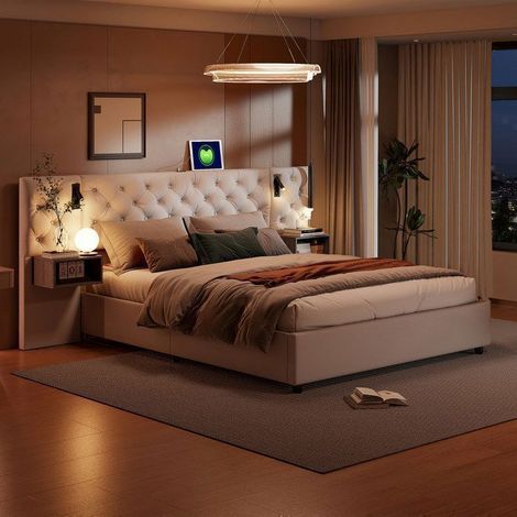 Letto 160x200 cm - 240705SM - USB - LED - idraulico - struttura letto adulto 160x200 cm - Velluto - beige (1/5)