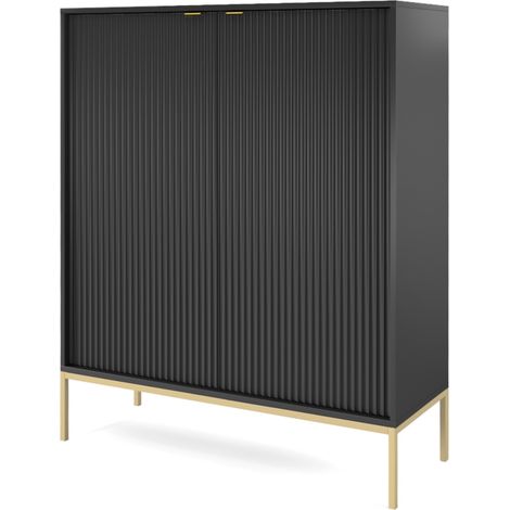 Kommode 100 cm Galla - Sideboard 2-türig mit Beinen & geriffelten Fronten - goldene Griffe - Wohnzimmerkommode (Schwarz + Gold) (1/5)