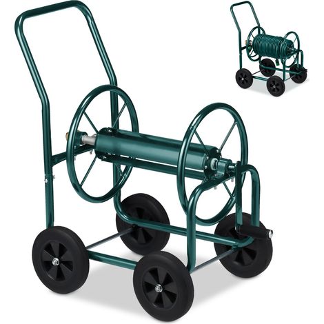 Relaxdays – Enrouleur tuyau d'arrosage 60 m – Connexion 1/2' et 3/4' – 4 roues caoutchouc – Métal vert – Montage simple et stable