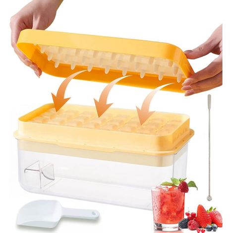 Silikon-Eiswürfelform – Eiswürfelbehälter mit Deckel und Löffel – 64 Würfel – Für Cocktails, Whisky, Kaffee, Tee – 2er-Set (1/5)