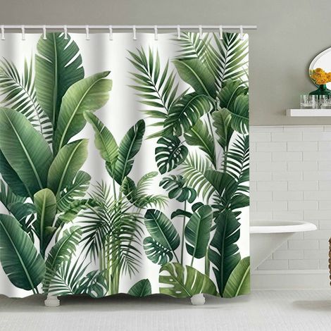 Duschvorhang mit tropischem Blättermuster, 180 x 200 cm, wasserdicht bedruckt, inklusive 12 Haken, Badezimmeraccessoire.