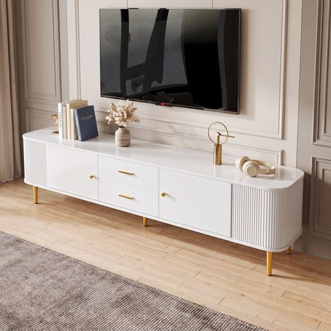Meuble TV moderne 170cm avec 2 portes et 2 tiroirs, bords arrondis en bois, pieds dorés, Blanc (1/5)