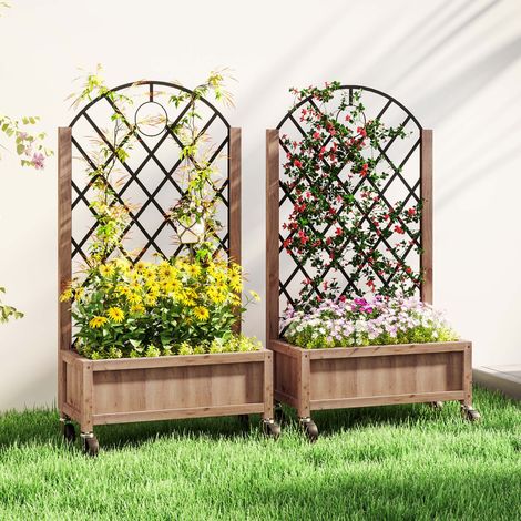 Set di 2 aiuole/fioriere rialzate con ruote, traliccio e vasi/fioriere, in legno, 52x25x97 cm, marrone