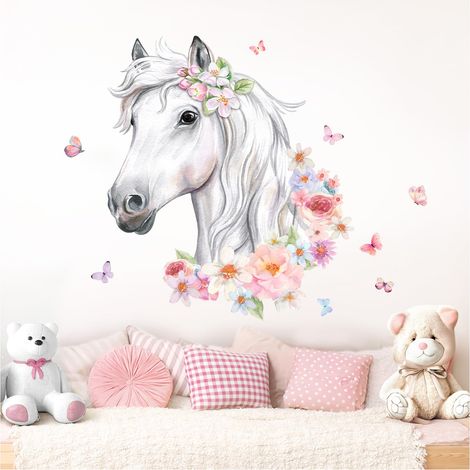 Sticker mural décoratif pour chambre de bébé Motif tête de cheval et fleurs (1/5)