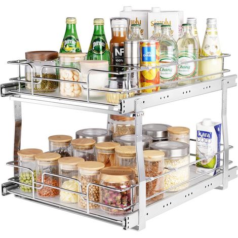 Étagère Coulissante Sous Évier 2 Étages Rangement Placard Cuisine en Acier Chromé Tiroir Meuble Bas Charge 30 kg Argent (1/5)