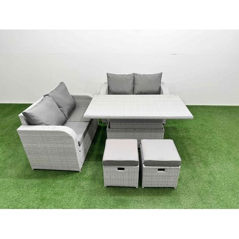 Fimous 6 Seater Outdoor Love Sofa Set Rattan Garden Furniture Set with Adjustable Lifting Dining or Coffee Table 2 Small Stools Light Grey (1/5)