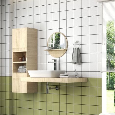 Miroir rond salle de bain en verre et aggloméré, Ø45x10 cm, avec étagère de rangement intégrée et 2 crochets au dos