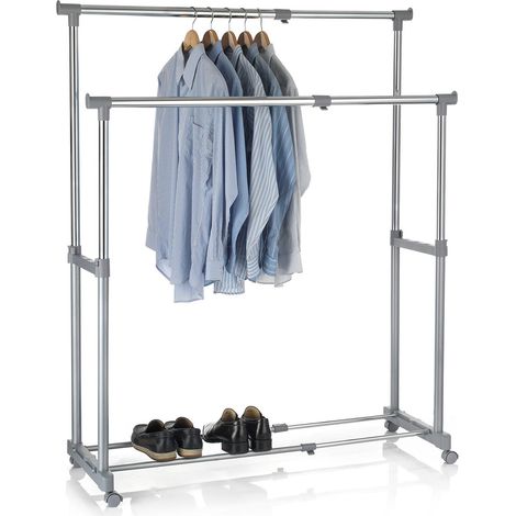Idimex – Portant à vêtements sur roulettes – 2 tringles télescopiques – Hauteur réglable jusqu'à 147 cm – Longueur extensible jusqu'à 120 cm – Métal chromé gris (1/4)