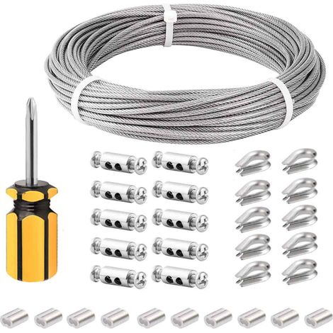 Cable Acier Inoxydable - 3 mm - 50 m - Revêtu PVC - Pour Garde-Corps Extérieur - Kit Complet avec Manchons Aluminium M3 et Cosses Inox - 1 Unité