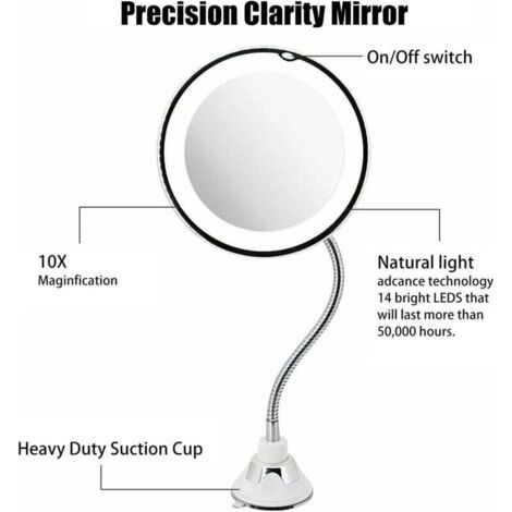 Miroir de maquillage flexible à col de cygne, grossissement x10, éclairage LED, ventouse puissante, miroir de rasage rond rotatif à 360 degrés, adapté aux voyages et à une utilisation à domicile (gran (1/3)