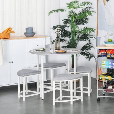 Modern Grey Round Dining Table Set with 4 Upholstered Stools for ...