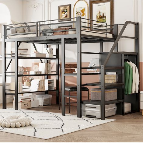 MEUBLIV Hochbett 140x200 cm Schwarz – mit Schreibtisch und Stauraum, ohne Matratze (1/5)