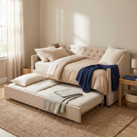 Canapé convertible, Lit gigogne 90x200 cm, Banquette lit avec lit d'appoint, en Lin, style Chesterfield, Beige (1/5)