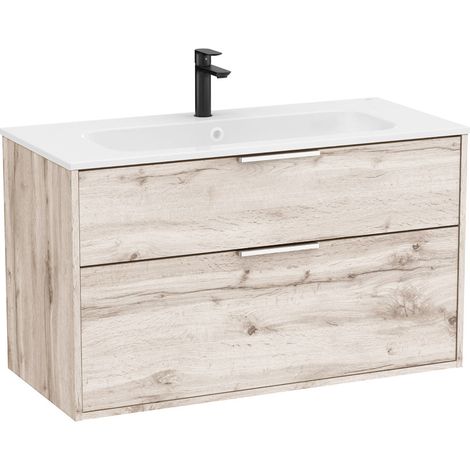 Pack meuble unik "OPTICA" 1000 - 2 tiroirs + lavabo plan en Stonex - Blanc Mat - Roca (1/2)