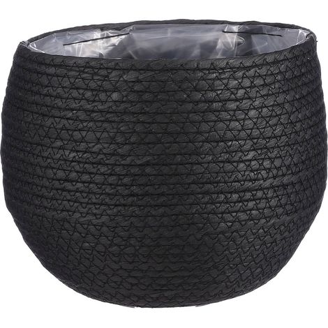 Panier à Plantes en Papier Tressé Main Cache-Pot avec Doublure Plastique Noir H19 x Ø22 cm - PANGIVO (1/3)