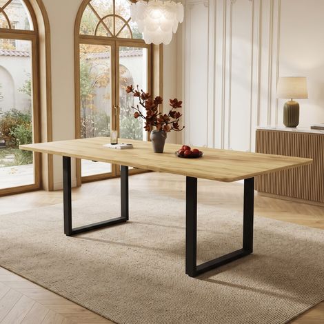 Table à manger extensible avec 3 longueurs, 140/180/22080 cm, adaptée pour 6-10 personnes, forme rectangulaire, pieds en métal, style simple, table pour salle à manger, cuisine, couleur bois naturel (1/5)