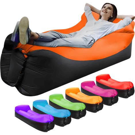 Fauteuil/hamac gonflable, portable, étanche et sans fuite, idéal pour les jardins, les plages, les voyages, le camping, les pique-niques et les festivals de musique. Orange. (1/5)