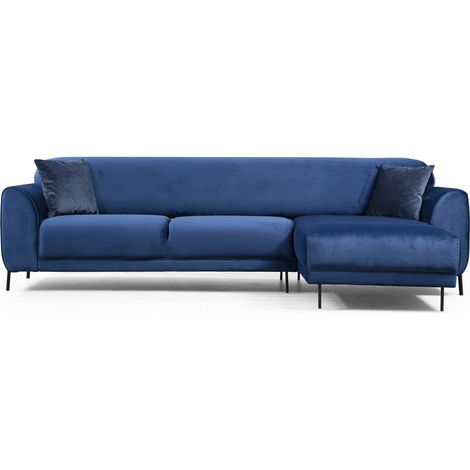 Canapé d'angle droit design velours bleu marine et pieds acier noir Liza (1/5)