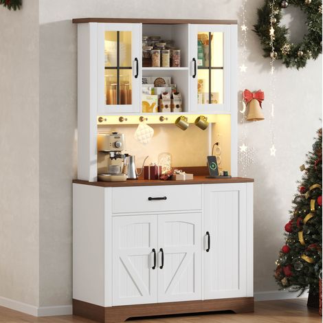 Credenza alta da cucina in MDF bianco e naturale, 105x40x185 cm, LED con APP, prese AC/USB, ripiani regolabili (1/5)