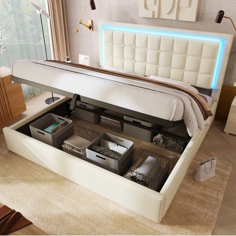 Polsterbett mit Lattenrost und Stauraum Doppelbett inkl. LED-Beleuchtungsleiste Bettgestell 140x200cm, Stauraumbett Funktionsbett Bezug aus Kunstleder Weiß, Ohne Matratze (1/5)