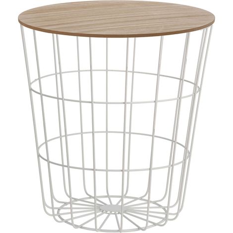 Korb Beistelltisch Metall weiß - Ø 39 cm - Deko Couchtisch mit Holz Deckel