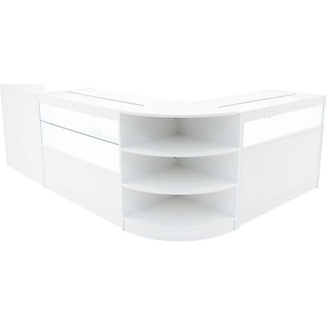 Set Mostradores Comerciales "EUROPA"   Blanco LM60 + B1200 + C1200 + TB60 MDF y vidrio templado  Estantes y puertas corredizas con cerradura  Fácil Montaje  Mostrador Recepción Expositor Comercial Mes