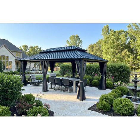 PURPLE LEAF Pergola de Jardin Extérieur Économique, Hardtop Tonnelle, Pavillon en Aluminium avec Toit Double en Acier Galvanisé, Gazebo avec Moustiquaire et Rideaux, 6 x 3.65 m, Gris (1/5)