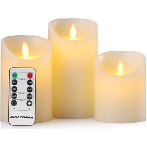 Bougies à LED Lot de 3 bougies LED sans flamme à piles en cire véritable avec mèche mobile et télécommande - Minuterie de 24 heures (P x H : 7.5 x 10/12,7/15,2 cm) (1/4)