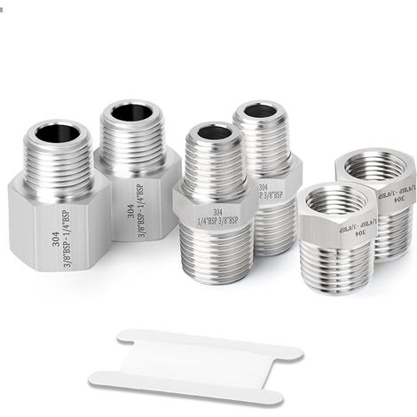 6Pcs 3/8" to 1/4" BSP Pipe Fitting Kit, 304 Stainless Steel Reducer Adapter, Hex Nipple and Socket for Industrial Plumbing (1/5)