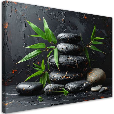 Stampe su Tela, Pietre Zen Spa nere foglie su sfondo nero, 30x20 (1/5)