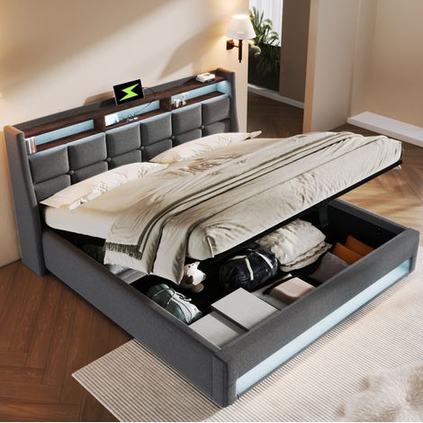 DESVIAE Lit rembourré avec LED et USB 180 x 200 cm avec rangement sommier à lattes en bois massif et métal tissu lin gris (1/5)