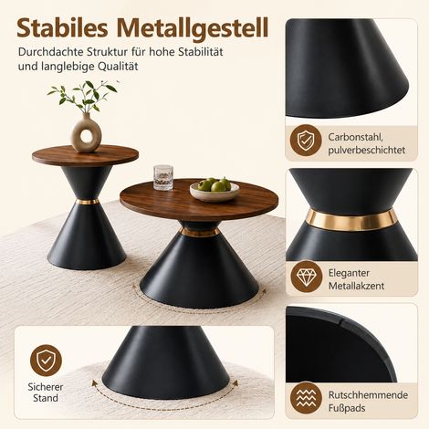 Lot de 2 tables basses rondes finition noyer, pieds effilés métal noir, compactes pour salon, chambre ou bureau (1/5)