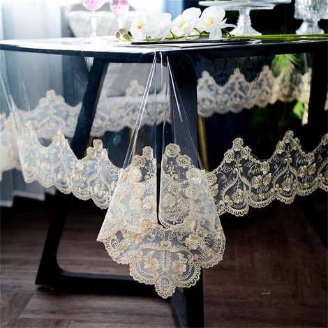 Nappe de table transparente ronde 150cm avec bordure en macramé, imperméable, résistante à l'huile